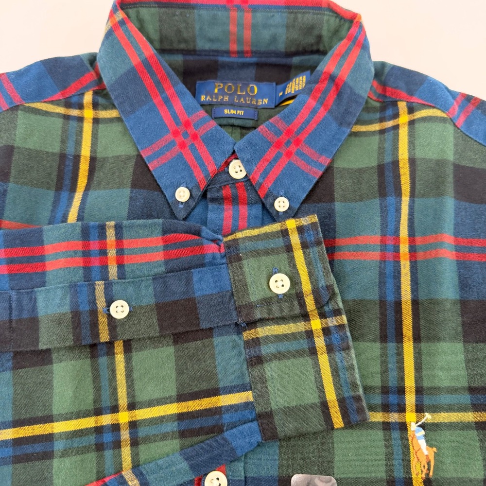 Polo Ralph Lauren Button Down Mens M Green Plaid Slim Fit Long Sleeve Pony Logo